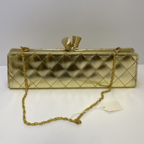 Sondra Roberts Clutch with Removal Chain Kiss Lock Closure Gold Metallic Quilted - Picture 1 of 10